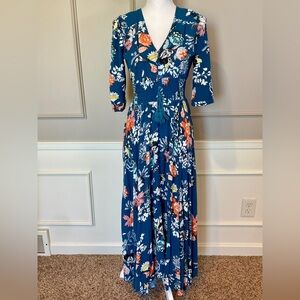 Jaase Maxi Dress Medium V Neck Teal Floral Ruched Button Down Bohemian Feminine